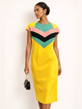 Yellow Colorblock Chevron Midi Dress with Multicolor Stripes